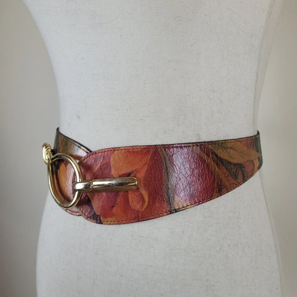 VTG Floral Belt 38 Colorful Leather Hook Buckle Argentina Boho Cinch 90s Corset